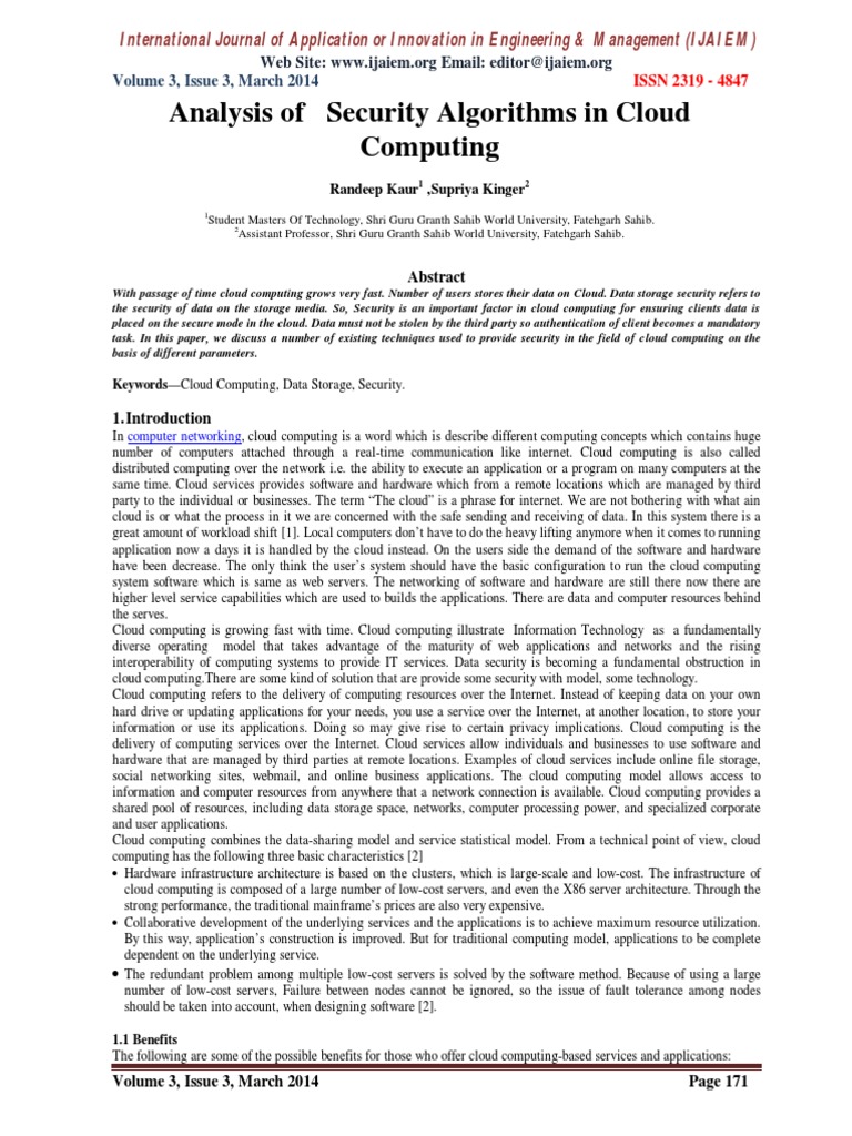 Analysis of Security Algorithms in Cloud | PDF | Business | Computers