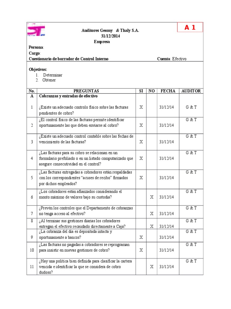Cuestionario de Control Interno: Efectivo | PDF | Cheque | Pagos