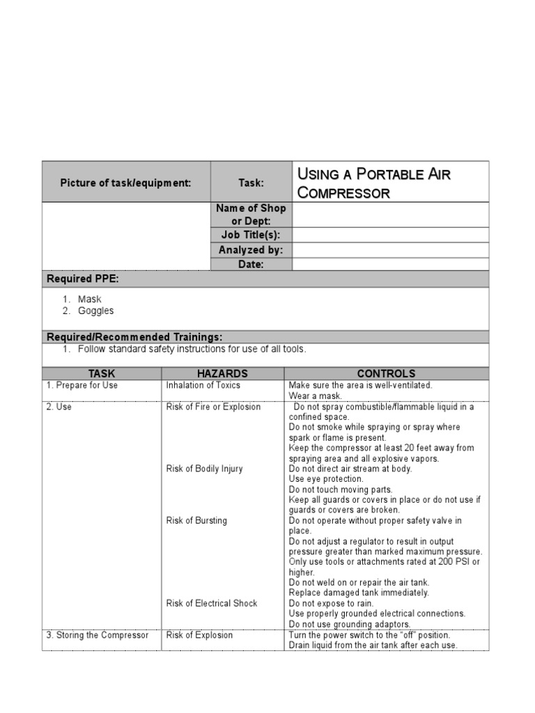 JSA Air Compressor PDF Prevention Safety