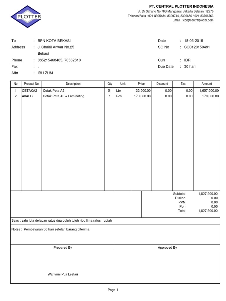 Invoice for Printing Services - PT. Central Plotter | PDF | Career ...