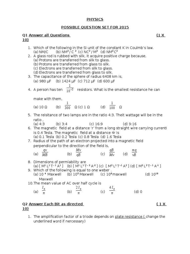 Possible 2015 Physics Exam Questions on Optics, and