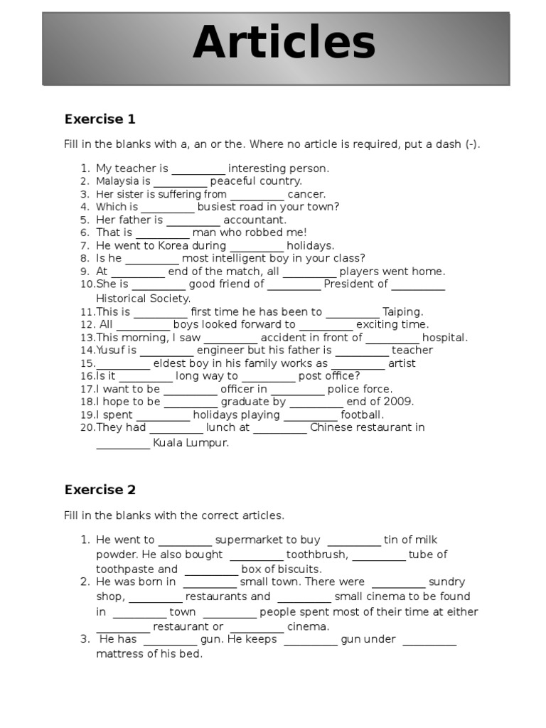 Article Usage Exercises in English | PDF
