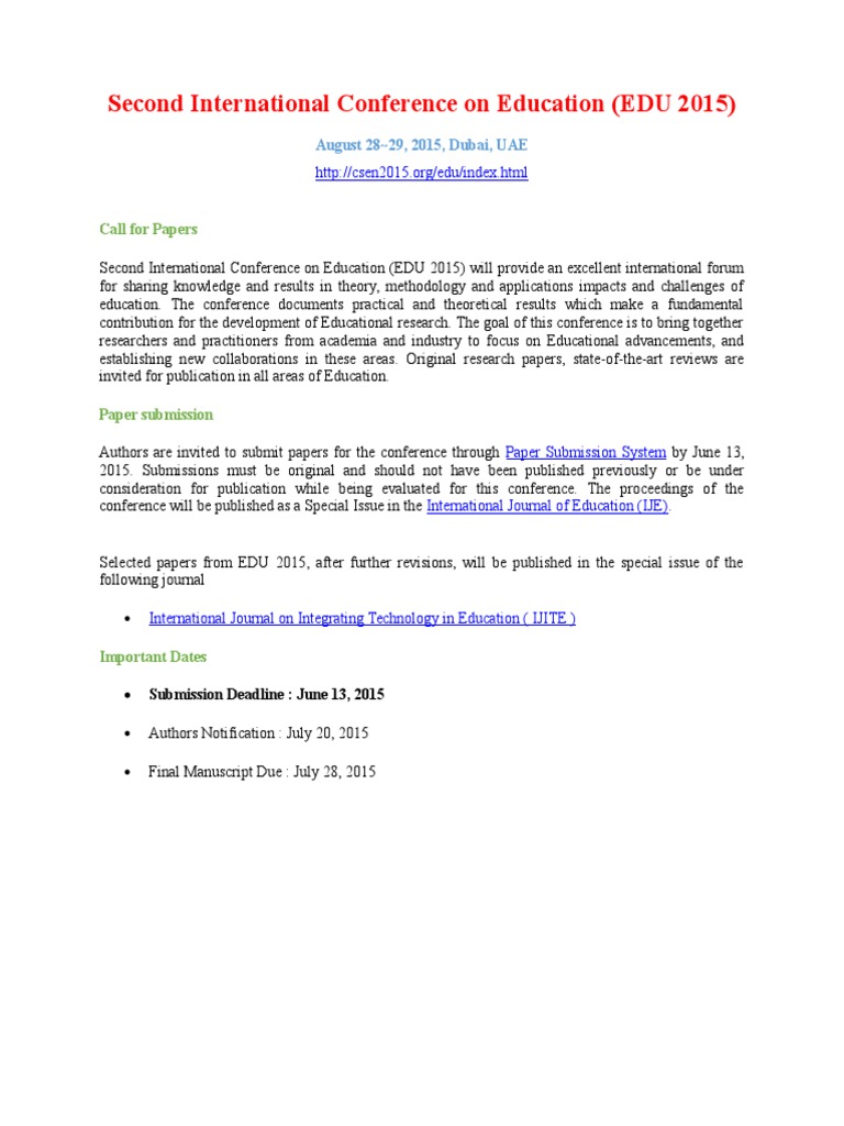 Second International Conference On Education (EDU 2015) : Call For ...