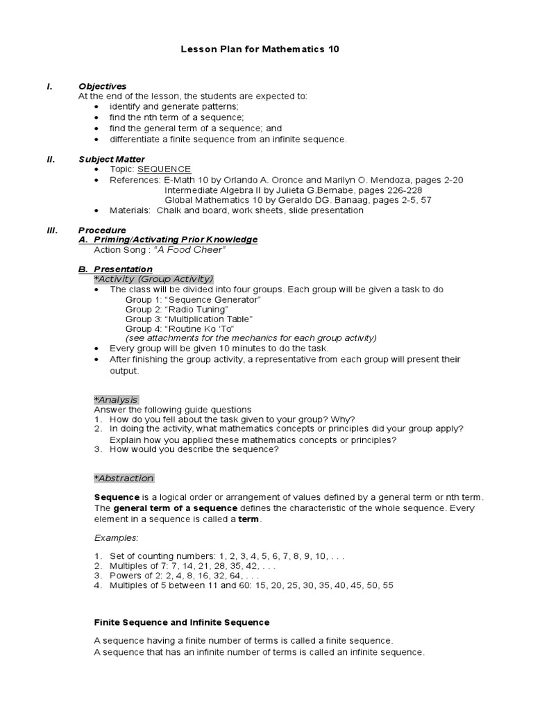 Lesson Plan For Mathematics 10 | Sequence | Radio