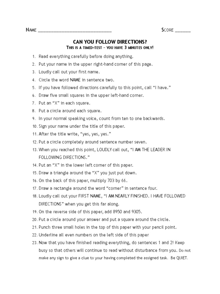 Following Directions Test PDF Warehouse Test (Assessment)