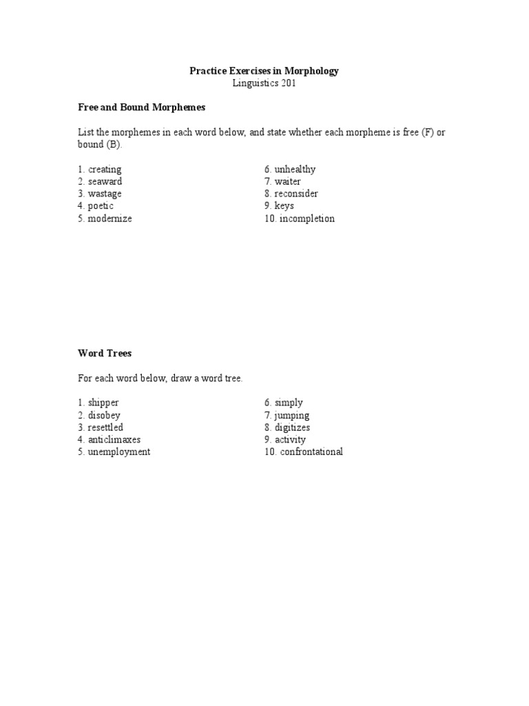 Morphology Practice Exercises | PDF | Morphology (Linguistics ...