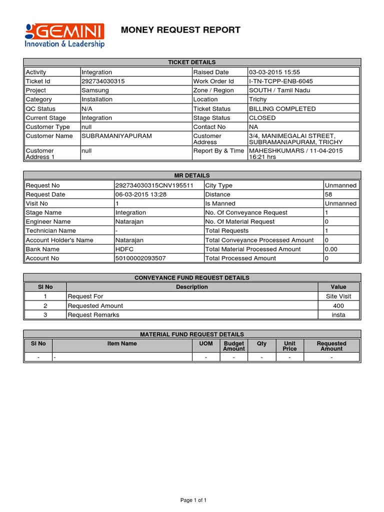 Money Request Report for Samsung Project | PDF