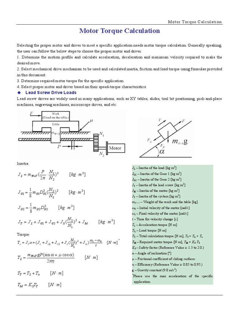 Motor Torque Calculation Lead Screw Drive Loads PDF Gear