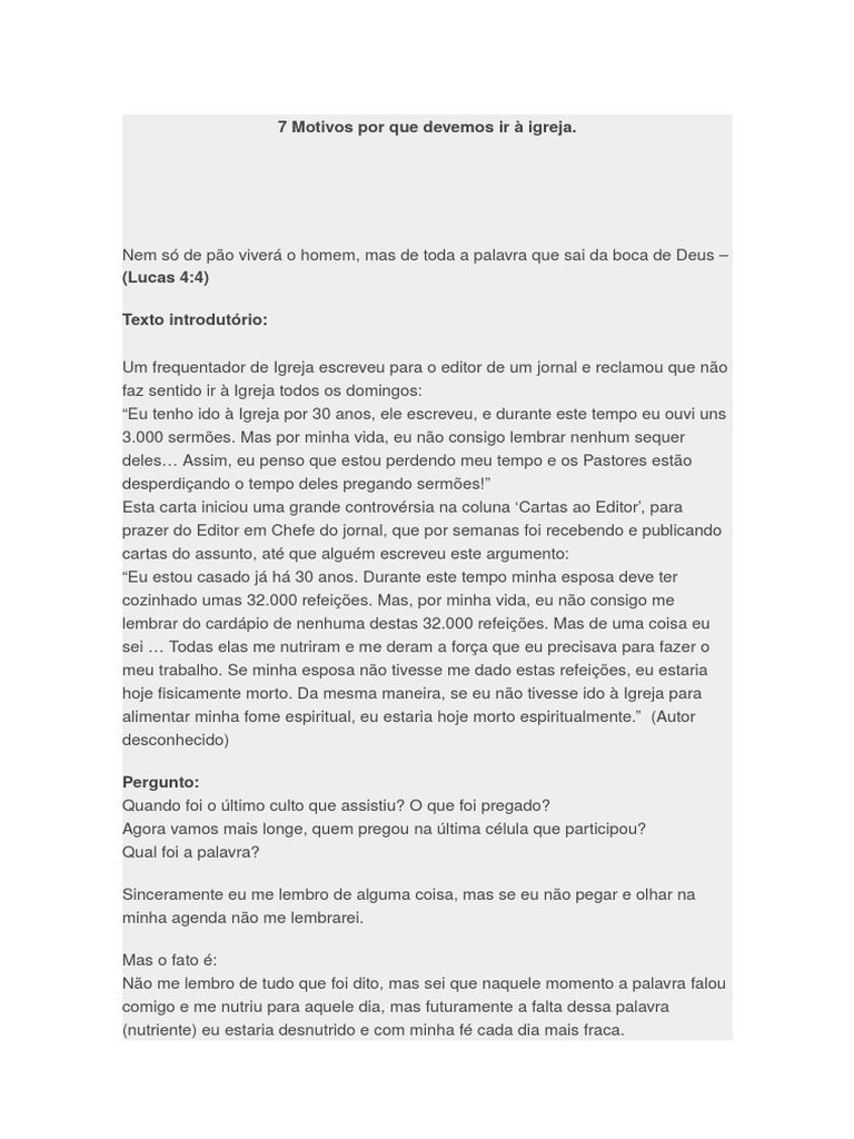7 Motivos Por Que Devemos Ir À Igreja | PDF | Fé | Igreja cristã