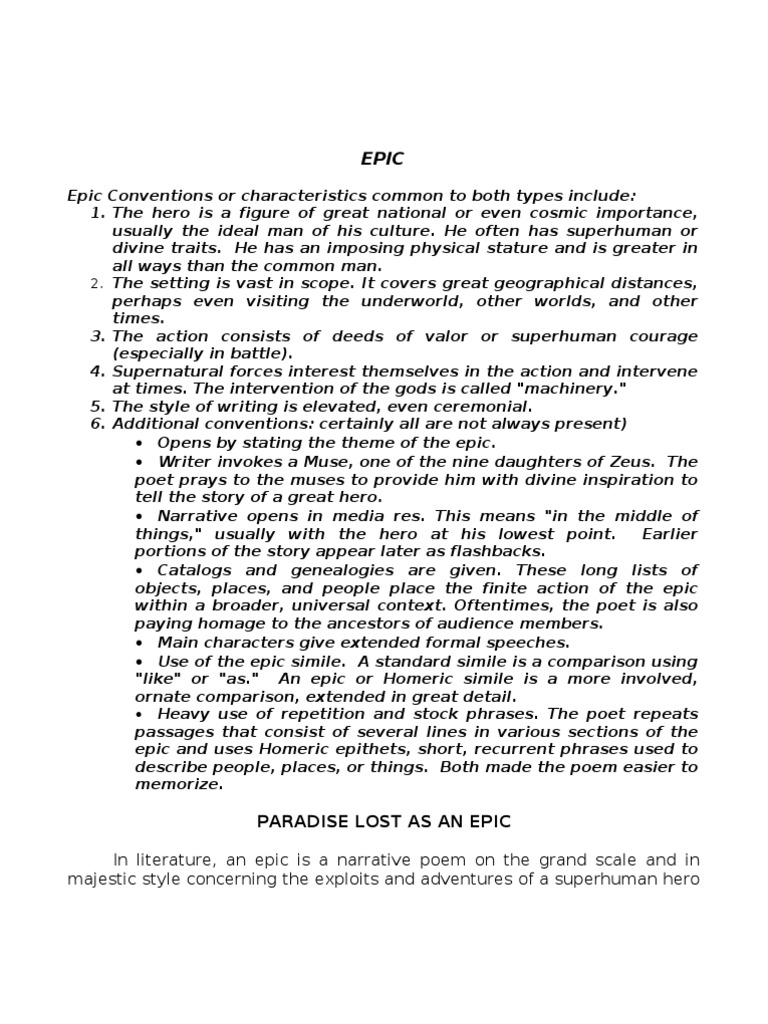 Paradise Lost as an Epic Paradise Lost Epic Poetry