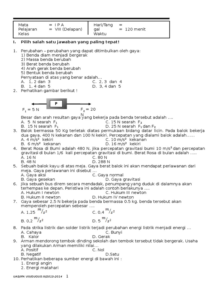 Soal Ipa Kelas 8 Semt 1
