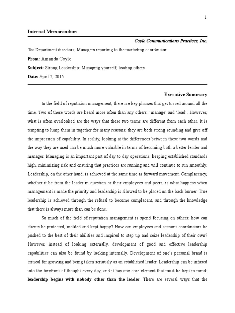 Internal Memo Leadership Styles Leadership Leadership & Mentoring