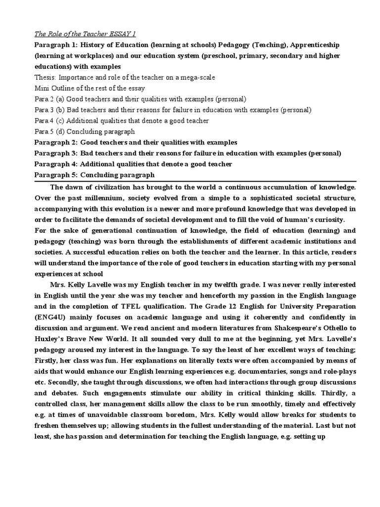 The Role Of The Teacher Essay 1 | Pdf | Pedagogy | Learning