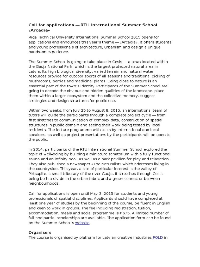 Call For Applications RTU International Summer School Arcadia PDF