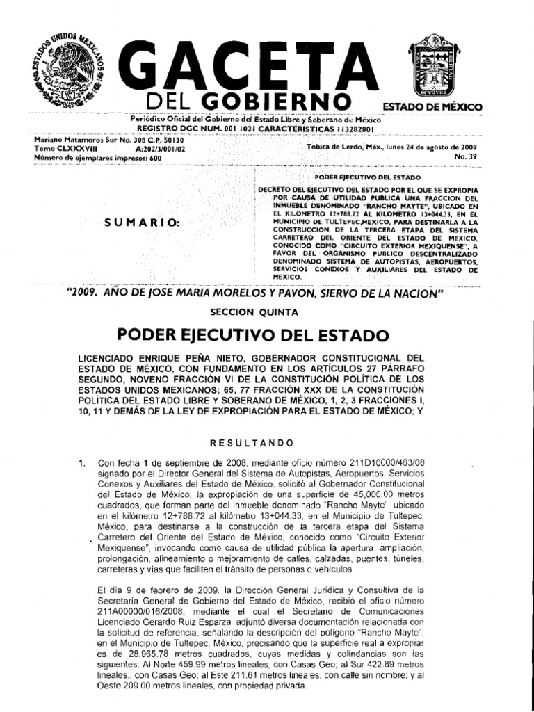 Gaceta Oficial Del Edomex PDF Dominio eminente Estado (política)