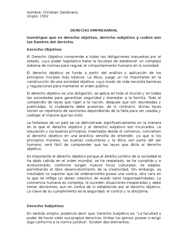 Derecho Objetivo, Subjetivo y Sus Fuentes Fuentes del