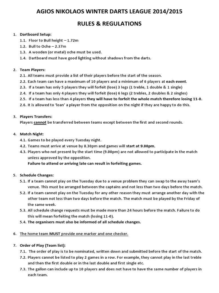 Winter Darts League Rules PDF Sports Leisure