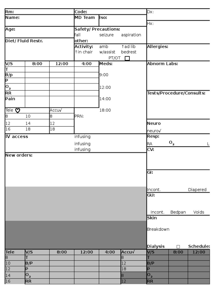 Nurse 3 Day Shift Report Sheet