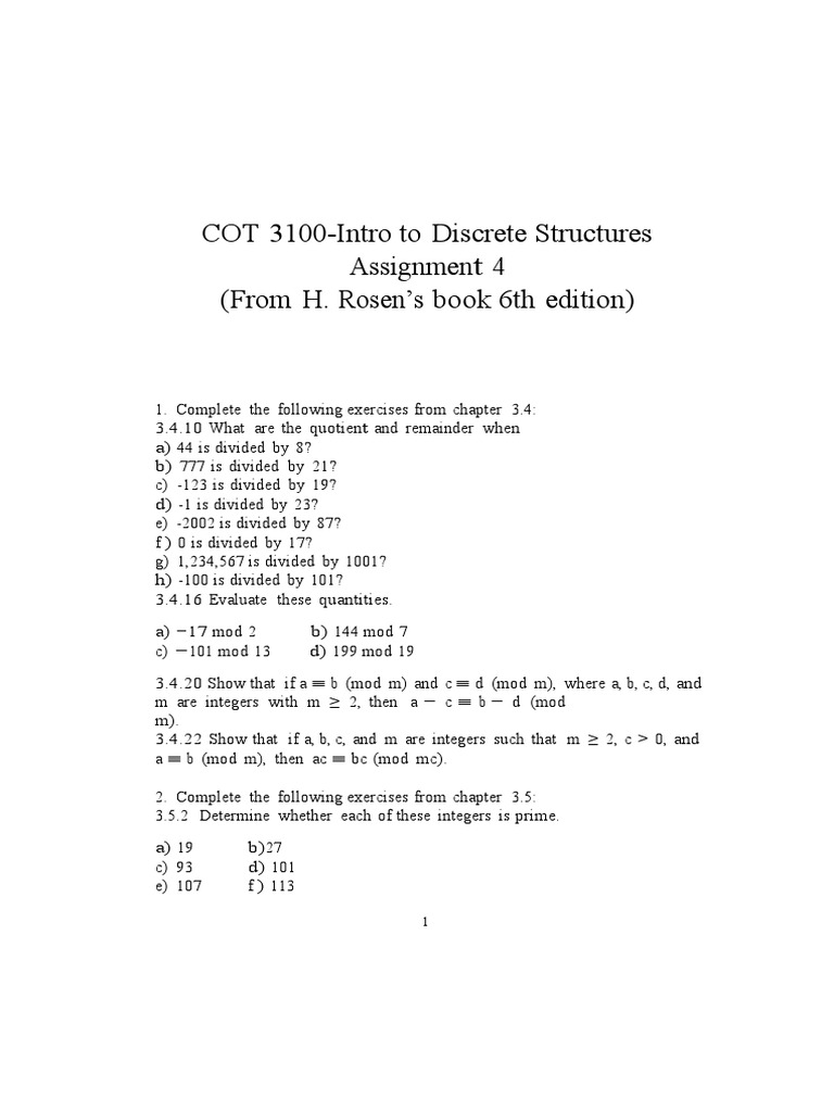 Discrete Math Assignment 4 Tasks | PDF | Algebra | Arithmetic