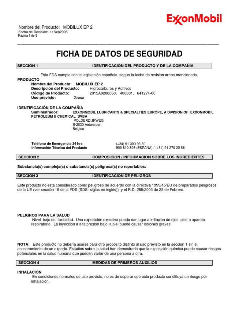 Mobilux Ep 2 (Msds) Contaminación Agua