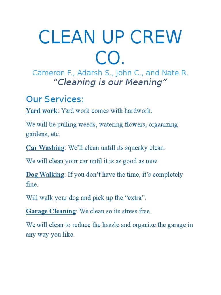 Clean Up Crew Co1 | PDF