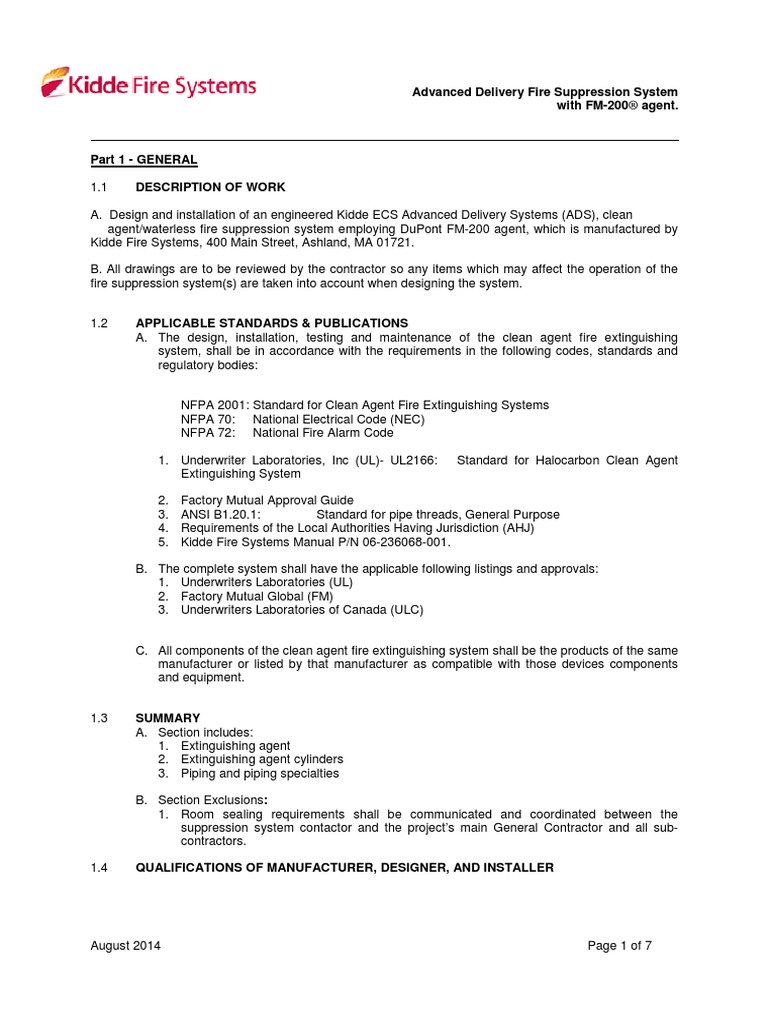 Kidde Spec Ads Fm 0 8 14 Pdf Pipe Fluid Conveyance Engineering