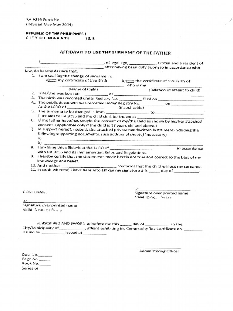 Affidavit To Use The Surname of The Father | PDF