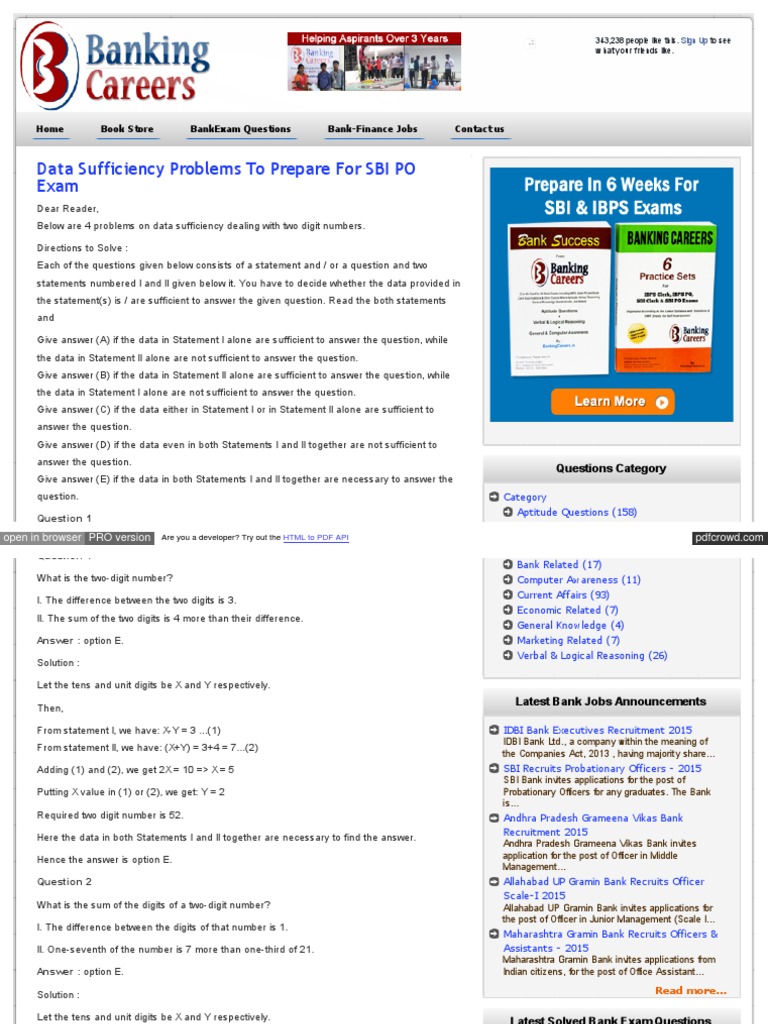 Data sufficiency problems to prepare for sbi po exam home book store