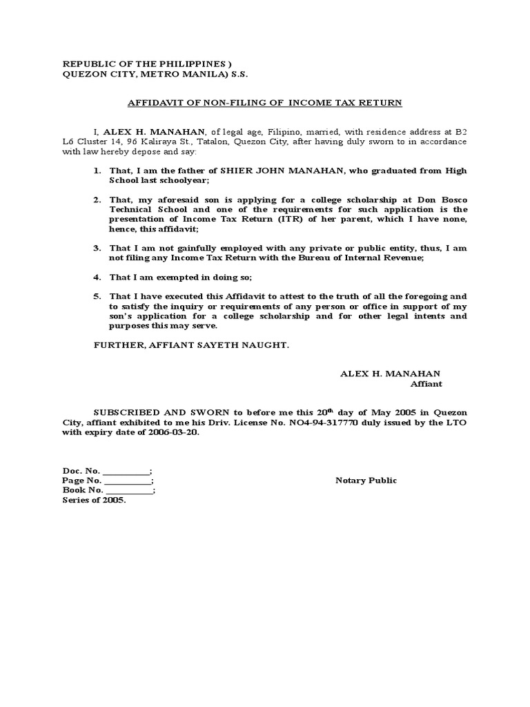 Affidavit of No Income Tax Return | PDF | Notary Public | Affidavit