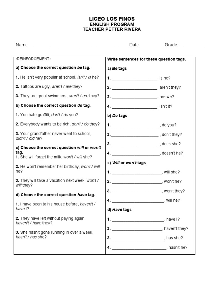 Question Tags Practice Worksheet | PDF