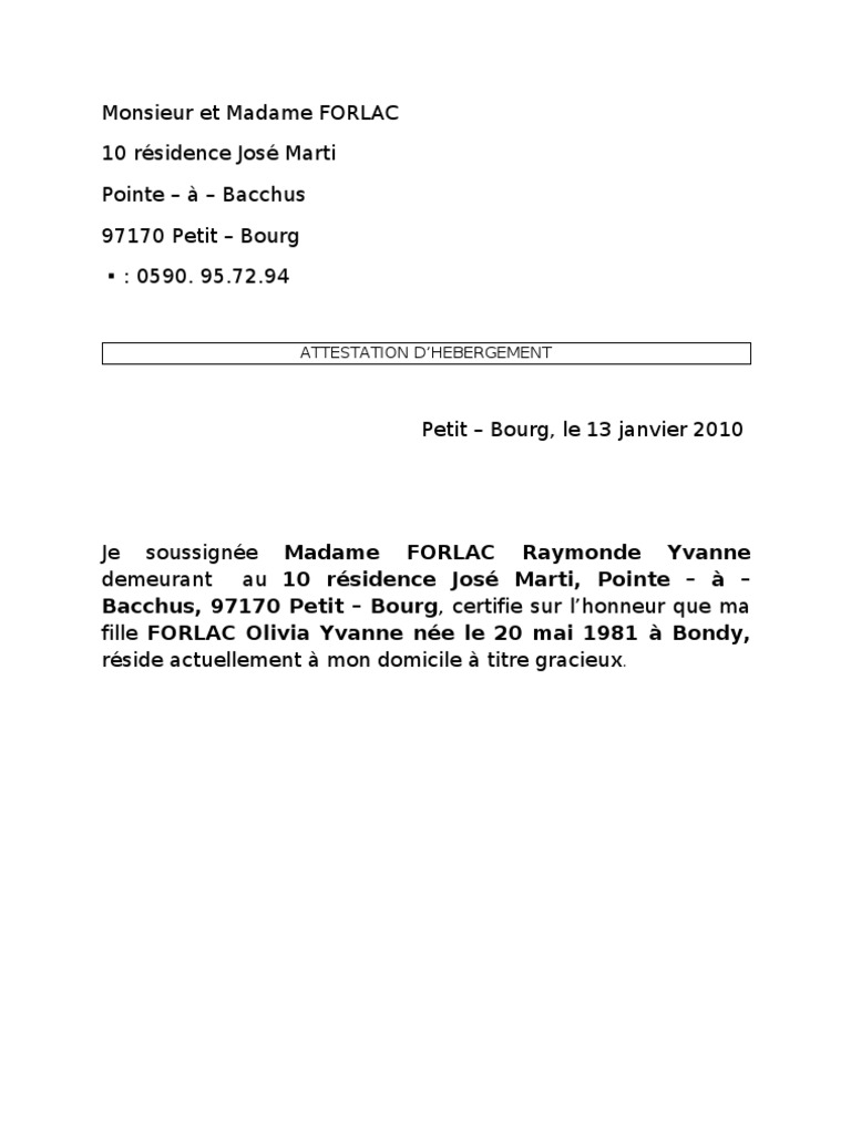 Attestation d'hébergement