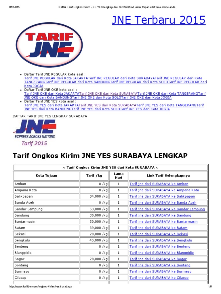 Daftar Tarif Ongkos Kirim Jne Yes Lengkap Dari Surabaya Untuk Titipan Kilat Toko Online Anda Pdf