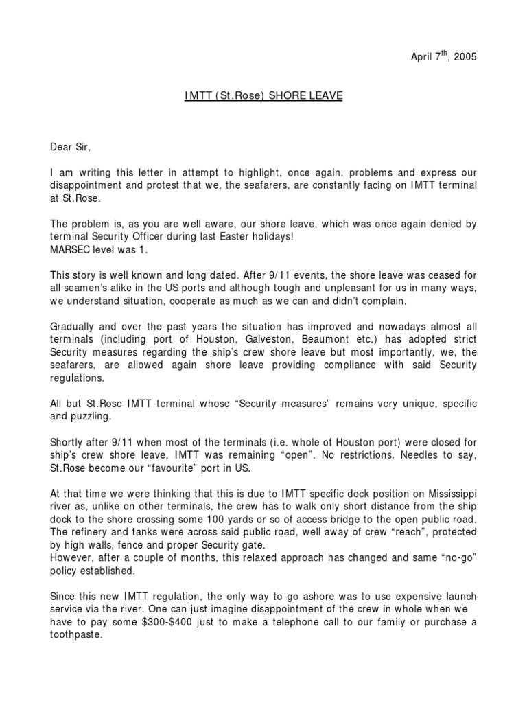 Shore Leave Issues at IMTT St. Rose | PDF | Government