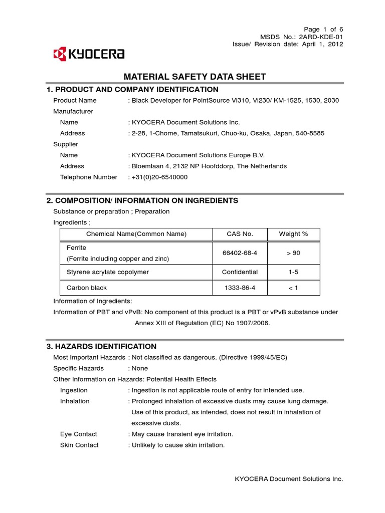 Kyocera Black Developer MSDS Guide | PDF | Toxicity | Occupational ...