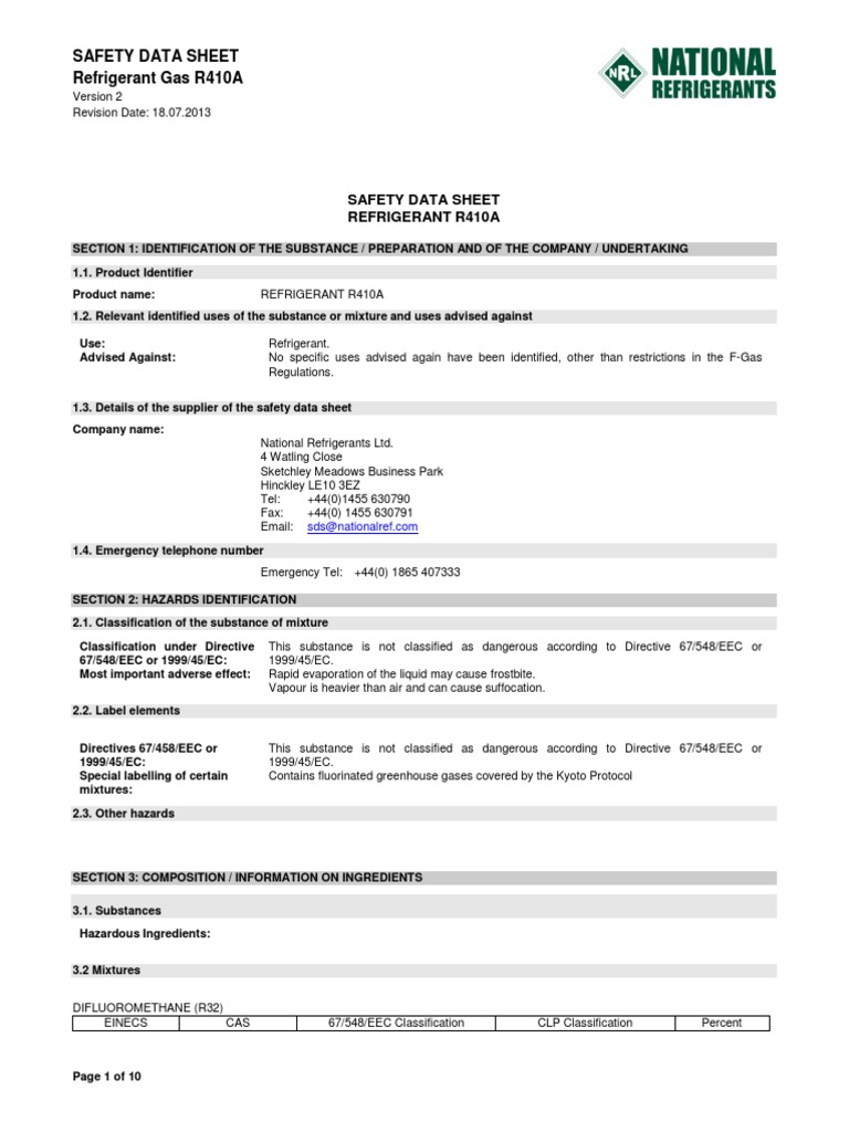Safety Data Sheet Refrigerant R410A Toxicity Oxygen