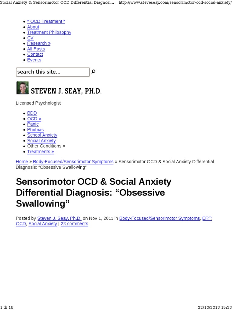 Sensorimotor OCD and Social Anxiety Anxiety Disorder Obsessive