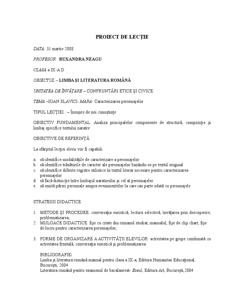 Proiect De Lecţie