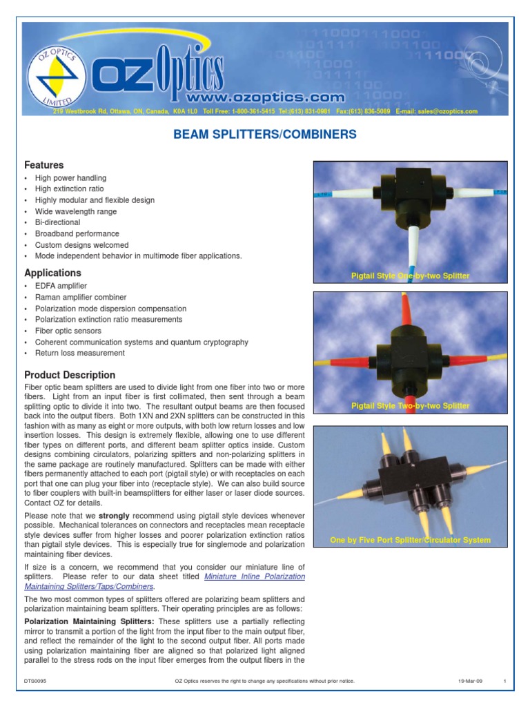 Beam Splitters Combiners PDF Optical Fiber Polarization (Waves)
