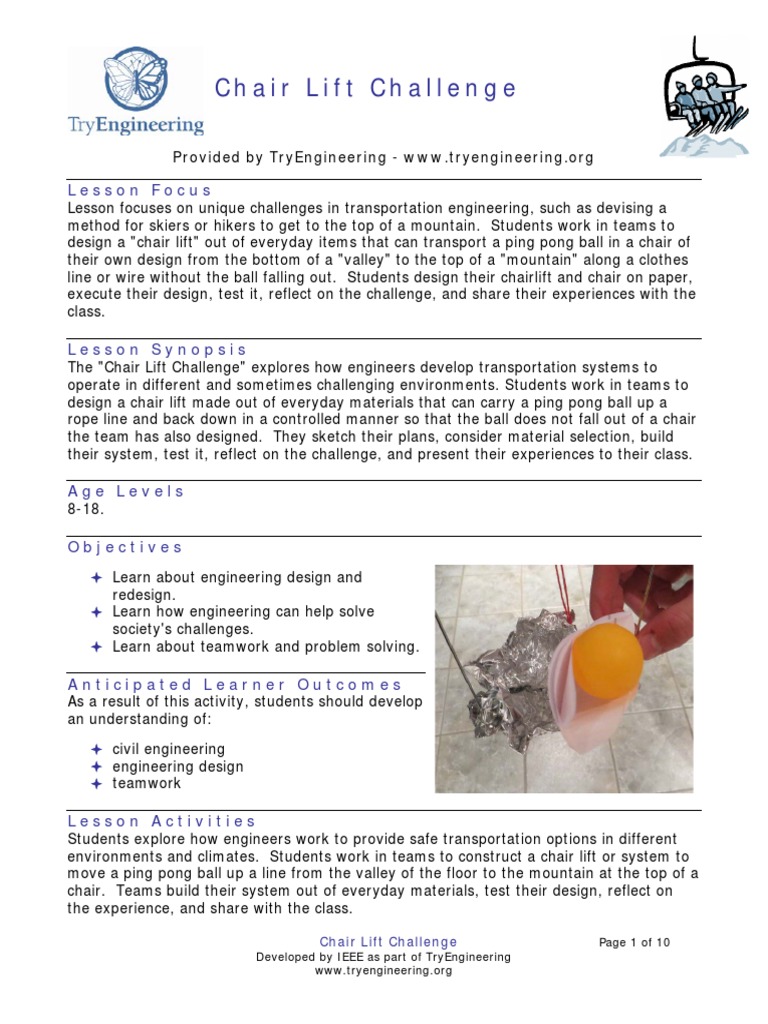 Chair Lift Challenge Lesson Focus PDF Science And Technology