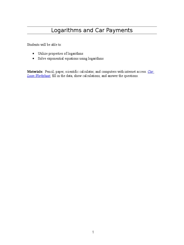 worksheet Solving Exponential Equations With Logarithms Worksheet logarithms and car payments interest present value