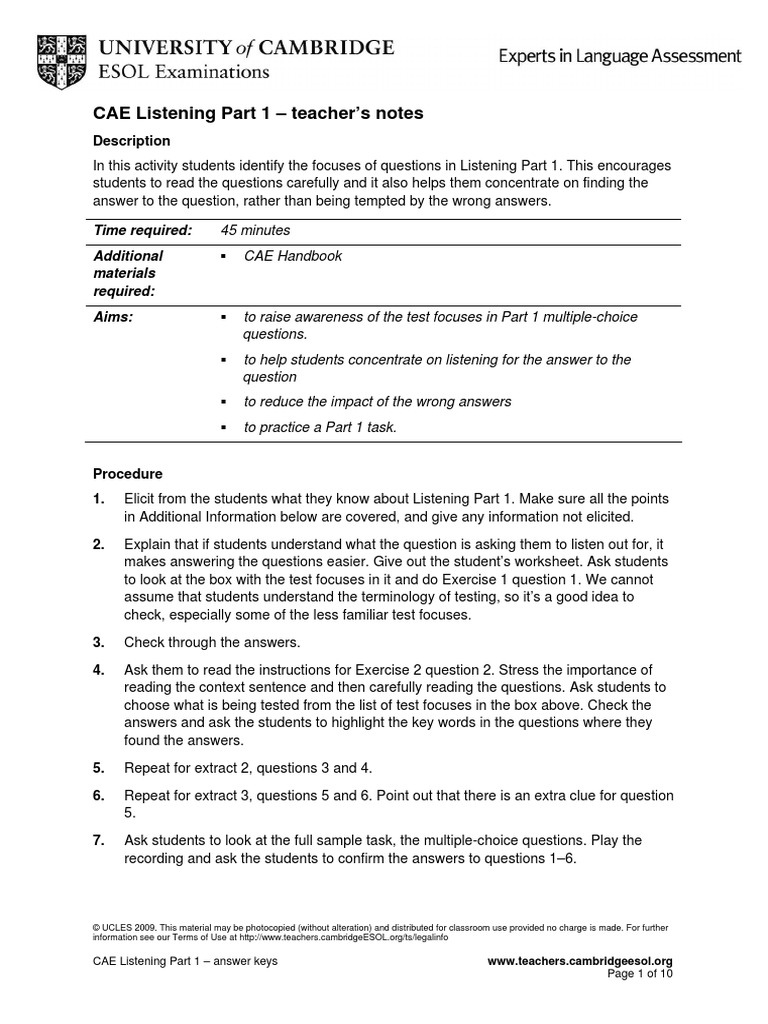 CAE Listening Part 1 - Teacher's Notes: Description | PDF | Question ...