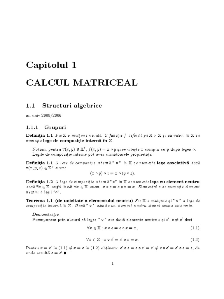 Capitolul 1 Calcul Matriceal 1 1 Structuri Algebrice