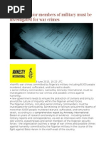 Nigeria Senior Members of Military Must Be Investigated for War Crimes