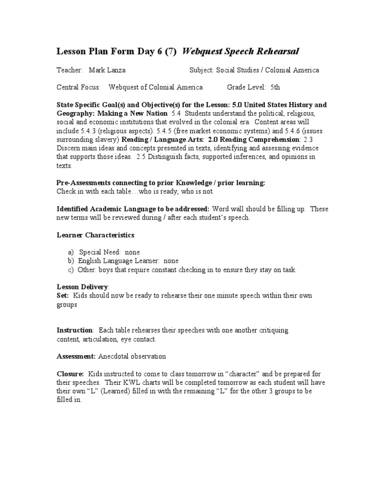Colonial America Speech Rehearsal Plan | PDF