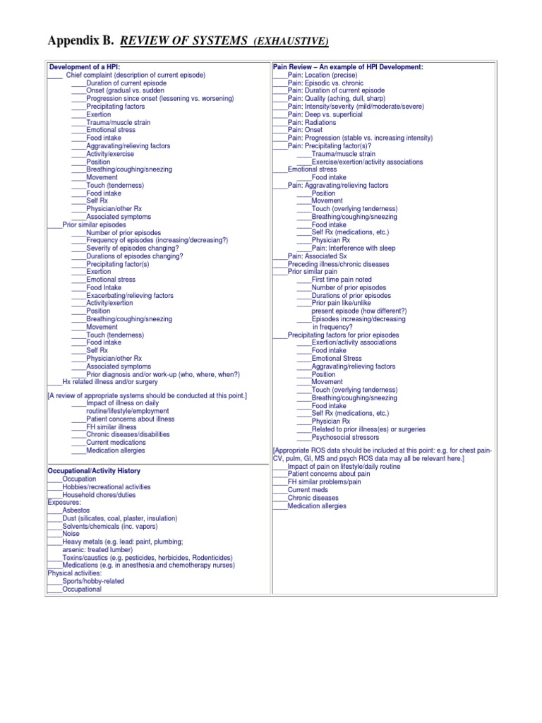 Appendix B Review of Systems | PDF | Substance Abuse | Hiv/Aids