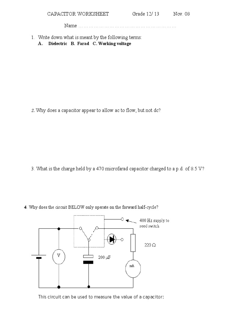 Capacitor Worksheet Grade 12 PDF