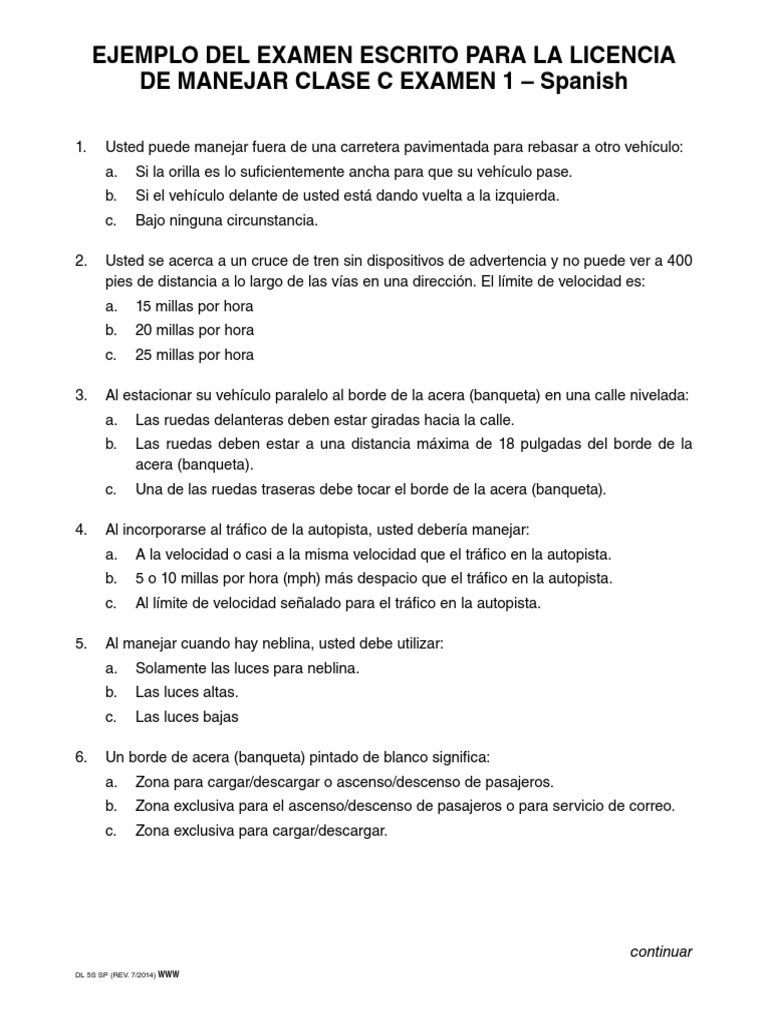 Examen Escrito Para La Licencia de Conduccion Clase c Intersección
