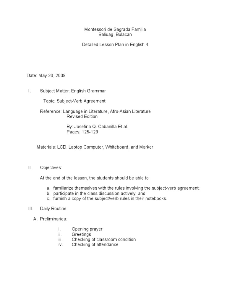 Subject Verb Agreement Lesson Plan Grammatical Number Plural