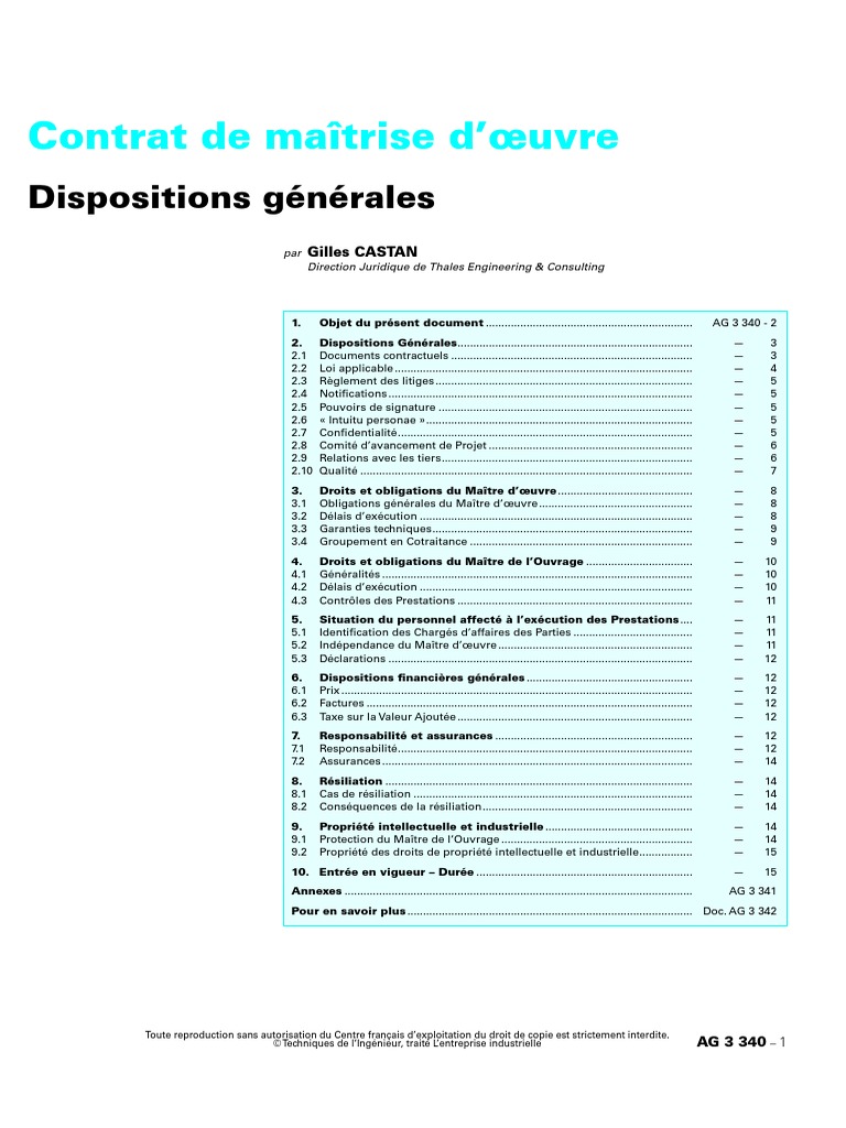 Contrat de Maîtrise d’Oeuvre Entrepreneur principal Management de la qualité