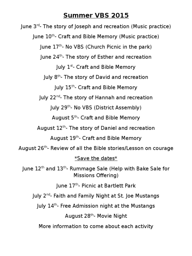 Summer VBS 2015 Schedule and Events | PDF